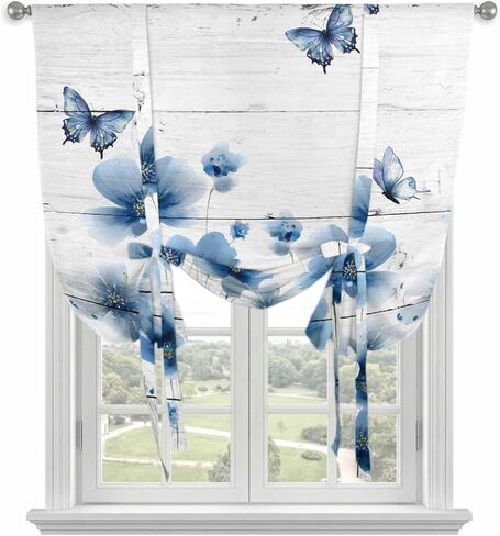 Navy Blue Floral Tie Up Curtains for Window, Spring Flowers Butterflies Wooden Thermal Insulated Balloon Shade Adjustable Rod Pocket Curtains Valance Panels for Kitchen Bathroom Café 42'' x 63'' in Kuwait