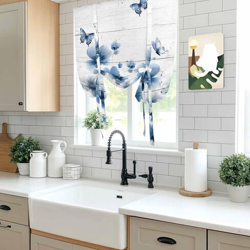 Navy Blue Floral Tie Up Curtains for Window, Spring Flowers Butterflies Wooden Thermal Insulated Balloon Shade Adjustable Rod Pocket Curtains Valance Panels for Kitchen Bathroom Café 42'' x 63'' in Kuwait