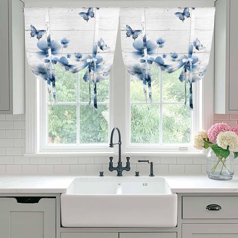 Navy Blue Floral Tie Up Curtains for Window, Spring Flowers Butterflies Wooden Thermal Insulated Balloon Shade Adjustable Rod Pocket Curtains Valance Panels for Kitchen Bathroom Café 42'' x 63'' in Kuwait