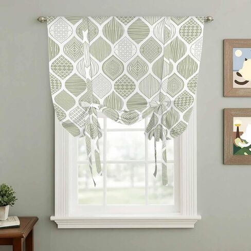 Sage Green Geometric Tie Up Curtains for Window, Moroccan Chic Abstract Plaid Art Thermal Insulated Balloon Shade Adjustable Rod Pocket Curtains Valance Panels for Kitchen Bathroom Café 42'' x 63'' in Saudi Arabia