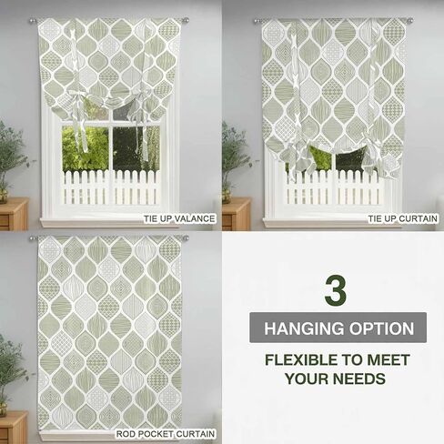 Sage Green Geometric Tie Up Curtains for Window, Moroccan Chic Abstract Plaid Art Thermal Insulated Balloon Shade Adjustable Rod Pocket Curtains Valance Panels for Kitchen Bathroom Café 42'' x 63'' in Saudi Arabia