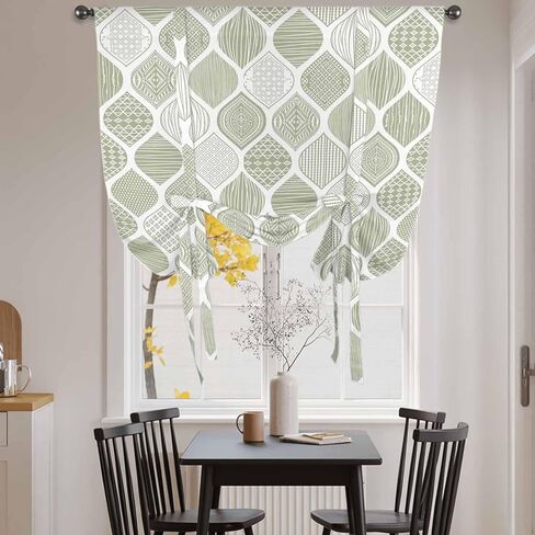 Sage Green Geometric Tie Up Curtains for Window, Moroccan Chic Abstract Plaid Art Thermal Insulated Balloon Shade Adjustable Rod Pocket Curtains Valance Panels for Kitchen Bathroom Café 42'' x 63'' in Saudi Arabia