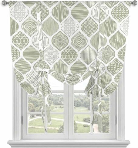 Sage Green Geometric Tie Up Curtains for Window, Moroccan Chic Abstract Plaid Art Thermal Insulated Balloon Shade Adjustable Rod Pocket Curtains Valance Panels for Kitchen Bathroom Café 42'' x 63'' in Saudi Arabia