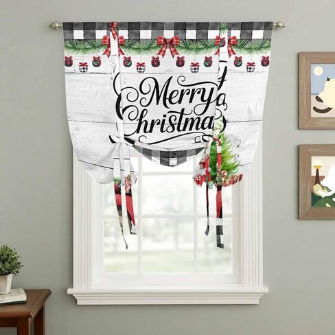 Merry Christmas Tie Up Curtains for Window, Xmas Tree Truck Balls Gifts Grey Wood Thermal Insulated Balloon Shade Adjustable Rod Pocket Curtains Valance Panels for Kitchen Bathroom Café 52'' x 45'' in Saudi Arabia