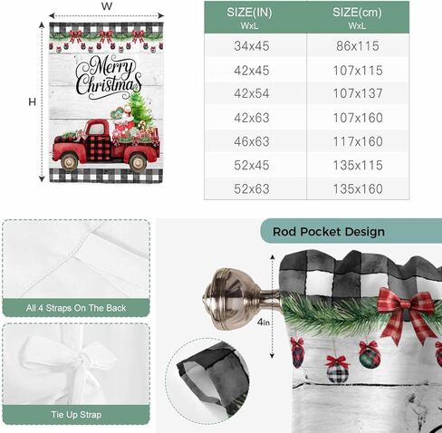 Merry Christmas Tie Up Curtains for Window, Xmas Tree Truck Balls Gifts Grey Wood Thermal Insulated Balloon Shade Adjustable Rod Pocket Curtains Valance Panels for Kitchen Bathroom Café 52'' x 45'' in Saudi Arabia