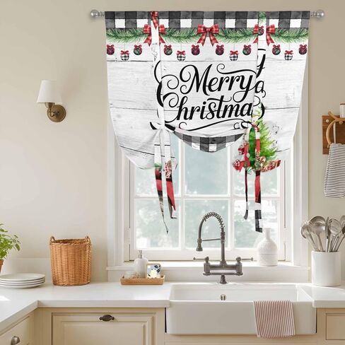 Merry Christmas Tie Up Curtains for Window, Xmas Tree Truck Balls Gifts Grey Wood Thermal Insulated Balloon Shade Adjustable Rod Pocket Curtains Valance Panels for Kitchen Bathroom Café 52'' x 45'' in Saudi Arabia