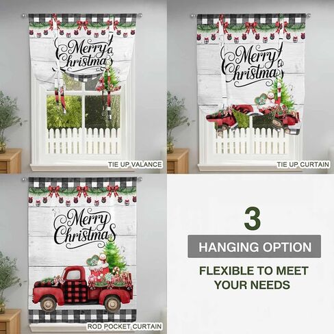 Merry Christmas Tie Up Curtains for Window, Xmas Tree Truck Balls Gifts Grey Wood Thermal Insulated Balloon Shade Adjustable Rod Pocket Curtains Valance Panels for Kitchen Bathroom Café 52'' x 45'' in Saudi Arabia