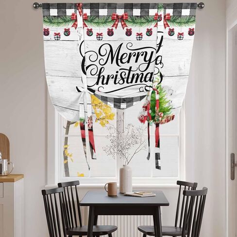 Merry Christmas Tie Up Curtains for Window, Xmas Tree Truck Balls Gifts Grey Wood Thermal Insulated Balloon Shade Adjustable Rod Pocket Curtains Valance Panels for Kitchen Bathroom Café 52'' x 45'' in Saudi Arabia