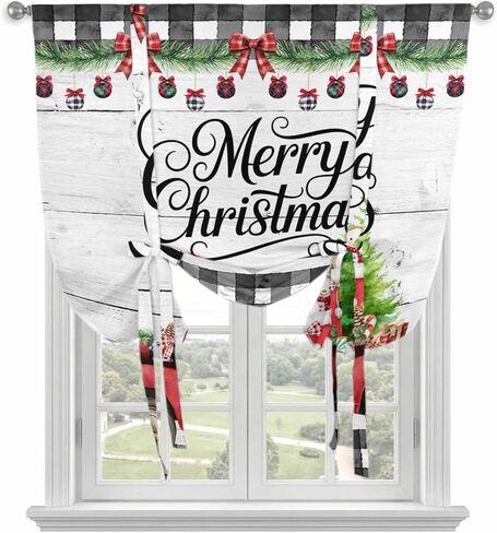 Merry Christmas Tie Up Curtains for Window, Xmas Tree Truck Balls Gifts Grey Wood Thermal Insulated Balloon Shade Adjustable Rod Pocket Curtains Valance Panels for Kitchen Bathroom Café 52'' x 45'' in Saudi Arabia