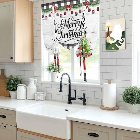 Merry Christmas Tie Up Curtains for Window, Xmas Tree Truck Balls Gifts Grey Wood Thermal Insulated Balloon Shade Adjustable Rod Pocket Curtains Valance Panels for Kitchen Bathroom Café 52'' x 45'' in Saudi Arabia