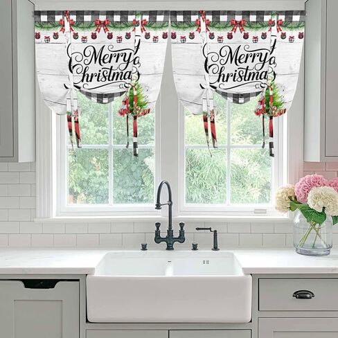 Merry Christmas Tie Up Curtains for Window, Xmas Tree Truck Balls Gifts Grey Wood Thermal Insulated Balloon Shade Adjustable Rod Pocket Curtains Valance Panels for Kitchen Bathroom Café 52'' x 45'' in Saudi Arabia