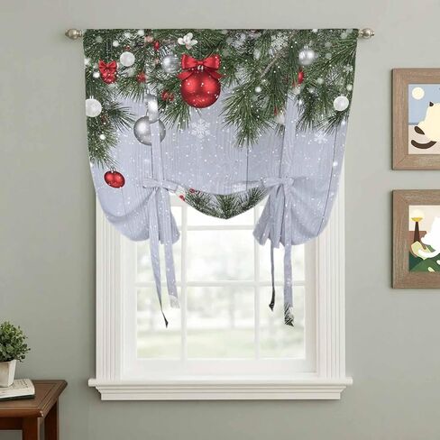 Christmas Tie Up Curtains for Window, Winter Xmas Balls Pine Branches Wooden Grain Thermal Insulated Balloon Shade Adjustable Rod Pocket Curtains Valance Panels for Kitchen Bathroom Café 42'' x 45'' in Saudi Arabia