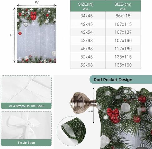 Christmas Tie Up Curtains for Window, Winter Xmas Balls Pine Branches Wooden Grain Thermal Insulated Balloon Shade Adjustable Rod Pocket Curtains Valance Panels for Kitchen Bathroom Café 42'' x 45'' in Saudi Arabia