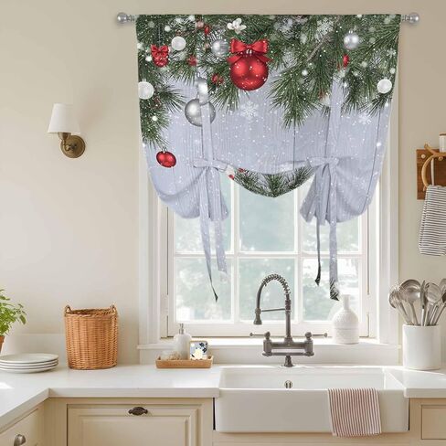 Christmas Tie Up Curtains for Window, Winter Xmas Balls Pine Branches Wooden Grain Thermal Insulated Balloon Shade Adjustable Rod Pocket Curtains Valance Panels for Kitchen Bathroom Café 42'' x 45'' in Saudi Arabia