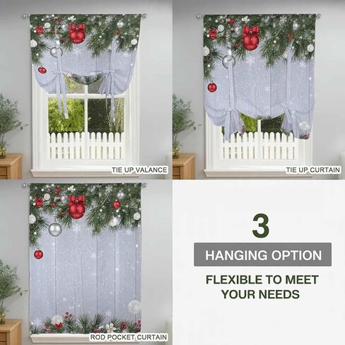 Christmas Tie Up Curtains for Window, Winter Xmas Balls Pine Branches Wooden Grain Thermal Insulated Balloon Shade Adjustable Rod Pocket Curtains Valance Panels for Kitchen Bathroom Café 42'' x 45'' in Saudi Arabia
