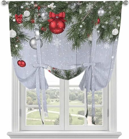 Christmas Tie Up Curtains for Window, Winter Xmas Balls Pine Branches Wooden Grain Thermal Insulated Balloon Shade Adjustable Rod Pocket Curtains Valance Panels for Kitchen Bathroom Café 42'' x 45'' in Saudi Arabia