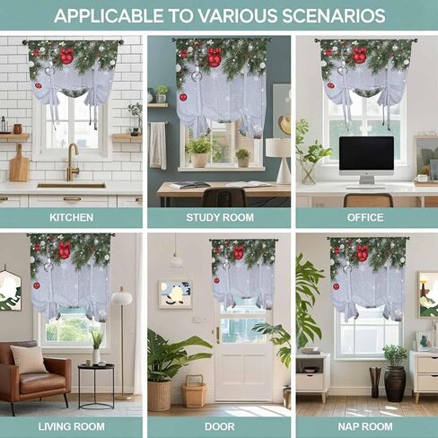 Christmas Tie Up Curtains for Window, Winter Xmas Balls Pine Branches Wooden Grain Thermal Insulated Balloon Shade Adjustable Rod Pocket Curtains Valance Panels for Kitchen Bathroom Café 42'' x 45'' in Saudi Arabia