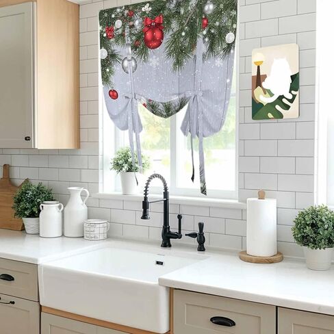 Christmas Tie Up Curtains for Window, Winter Xmas Balls Pine Branches Wooden Grain Thermal Insulated Balloon Shade Adjustable Rod Pocket Curtains Valance Panels for Kitchen Bathroom Café 42'' x 45'' in Saudi Arabia