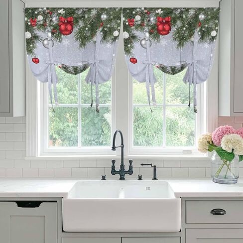 Christmas Tie Up Curtains for Window, Winter Xmas Balls Pine Branches Wooden Grain Thermal Insulated Balloon Shade Adjustable Rod Pocket Curtains Valance Panels for Kitchen Bathroom Café 42'' x 45'' in Saudi Arabia