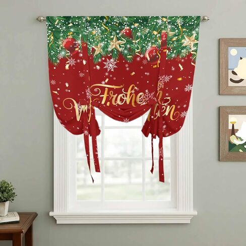 Red Christmas Tie Up Curtains for Window, Xmas Ball Snowflake Winter Farmhouse Thermal Insulated Balloon Shade Adjustable Rod Pocket Curtains Valance Panels for Kitchen Bathroom Café 52'' x 45'' in Saudi Arabia