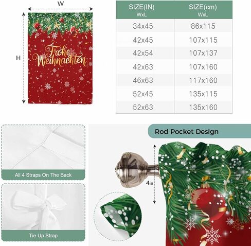 Red Christmas Tie Up Curtains for Window, Xmas Ball Snowflake Winter Farmhouse Thermal Insulated Balloon Shade Adjustable Rod Pocket Curtains Valance Panels for Kitchen Bathroom Café 52'' x 45'' in Saudi Arabia