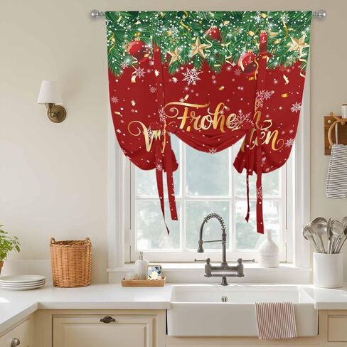 Red Christmas Tie Up Curtains for Window, Xmas Ball Snowflake Winter Farmhouse Thermal Insulated Balloon Shade Adjustable Rod Pocket Curtains Valance Panels for Kitchen Bathroom Café 52'' x 45'' in Saudi Arabia