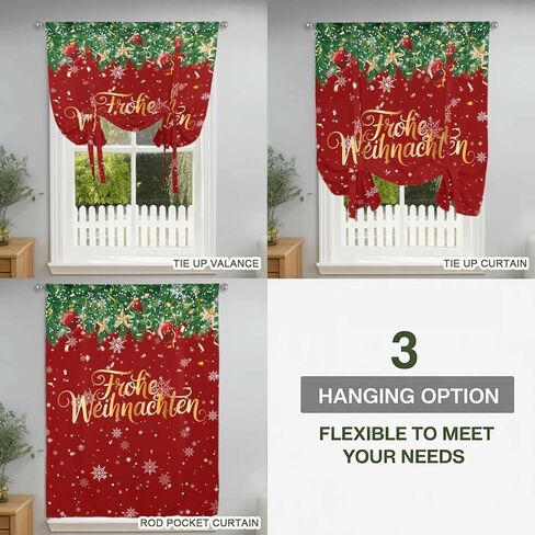 Red Christmas Tie Up Curtains for Window, Xmas Ball Snowflake Winter Farmhouse Thermal Insulated Balloon Shade Adjustable Rod Pocket Curtains Valance Panels for Kitchen Bathroom Café 52'' x 45'' in Saudi Arabia