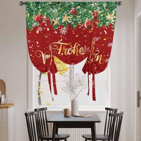 Red Christmas Tie Up Curtains for Window, Xmas Ball Snowflake Winter Farmhouse Thermal Insulated Balloon Shade Adjustable Rod Pocket Curtains Valance Panels for Kitchen Bathroom Café 52'' x 45'' in Saudi Arabia