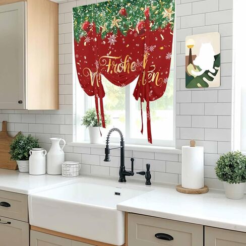 Red Christmas Tie Up Curtains for Window, Xmas Ball Snowflake Winter Farmhouse Thermal Insulated Balloon Shade Adjustable Rod Pocket Curtains Valance Panels for Kitchen Bathroom Café 52'' x 45'' in Saudi Arabia