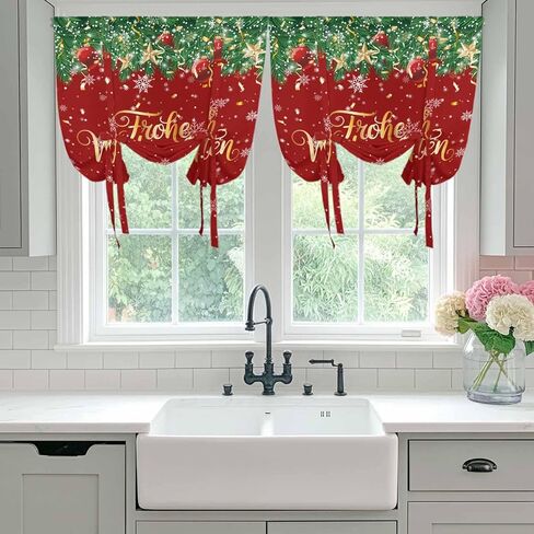 Red Christmas Tie Up Curtains for Window, Xmas Ball Snowflake Winter Farmhouse Thermal Insulated Balloon Shade Adjustable Rod Pocket Curtains Valance Panels for Kitchen Bathroom Café 52'' x 45'' in Saudi Arabia