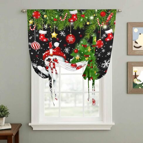 Black Christmas Tie Up Curtains for Window, Snowman Xmas Tree Ball Snowflake Thermal Insulated Balloon Shade Adjustable Rod Pocket Curtains Valance Panels for Kitchen Bathroom Café 52'' x 63'' in Saudi Arabia