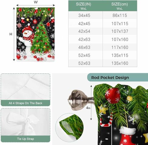 Black Christmas Tie Up Curtains for Window, Snowman Xmas Tree Ball Snowflake Thermal Insulated Balloon Shade Adjustable Rod Pocket Curtains Valance Panels for Kitchen Bathroom Café 52'' x 63'' in Saudi Arabia