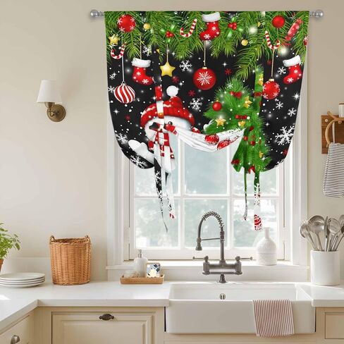 Black Christmas Tie Up Curtains for Window, Snowman Xmas Tree Ball Snowflake Thermal Insulated Balloon Shade Adjustable Rod Pocket Curtains Valance Panels for Kitchen Bathroom Café 52'' x 63'' in Saudi Arabia