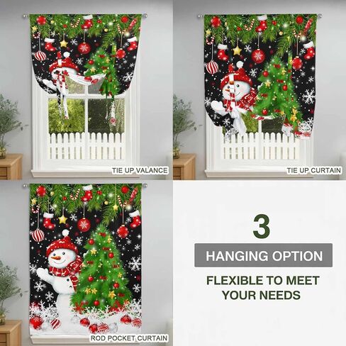 Black Christmas Tie Up Curtains for Window, Snowman Xmas Tree Ball Snowflake Thermal Insulated Balloon Shade Adjustable Rod Pocket Curtains Valance Panels for Kitchen Bathroom Café 52'' x 63'' in Saudi Arabia