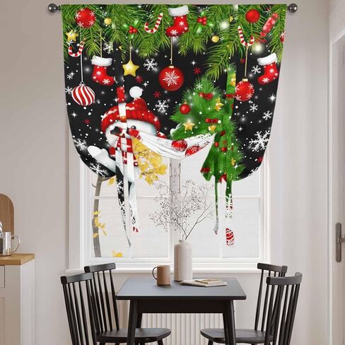 Black Christmas Tie Up Curtains for Window, Snowman Xmas Tree Ball Snowflake Thermal Insulated Balloon Shade Adjustable Rod Pocket Curtains Valance Panels for Kitchen Bathroom Café 52'' x 63'' in Saudi Arabia