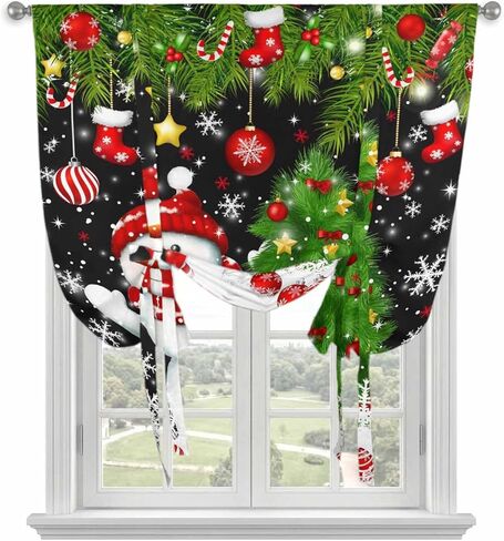 Black Christmas Tie Up Curtains for Window, Snowman Xmas Tree Ball Snowflake Thermal Insulated Balloon Shade Adjustable Rod Pocket Curtains Valance Panels for Kitchen Bathroom Café 52'' x 63'' in Saudi Arabia
