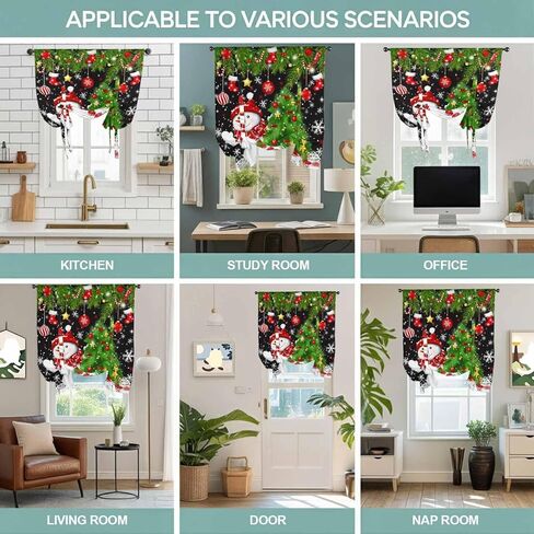 Black Christmas Tie Up Curtains for Window, Snowman Xmas Tree Ball Snowflake Thermal Insulated Balloon Shade Adjustable Rod Pocket Curtains Valance Panels for Kitchen Bathroom Café 52'' x 63'' in Saudi Arabia