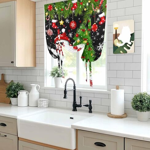 Black Christmas Tie Up Curtains for Window, Snowman Xmas Tree Ball Snowflake Thermal Insulated Balloon Shade Adjustable Rod Pocket Curtains Valance Panels for Kitchen Bathroom Café 52'' x 63'' in Saudi Arabia