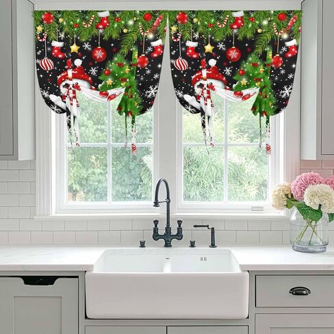 Black Christmas Tie Up Curtains for Window, Snowman Xmas Tree Ball Snowflake Thermal Insulated Balloon Shade Adjustable Rod Pocket Curtains Valance Panels for Kitchen Bathroom Café 52'' x 63'' in Saudi Arabia