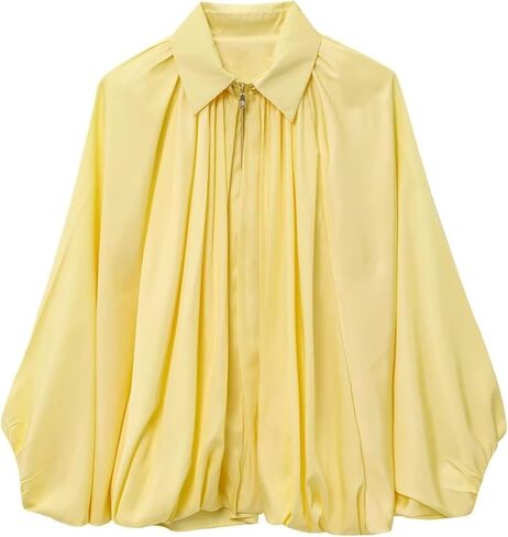 Balloon Sleeve Jacket for Women, Oversized Puffed Bomber Jacket, Pleated Streetwear Zip-Up Casual Shacket in Saudi Arabia
