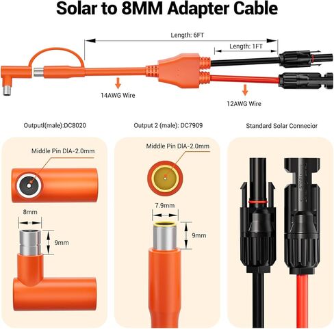6FT Solar Connector to 8mm Adapter Cable with DC8020/7909 Compatible with BLUETTI, Yeti, Anker, Jackery Portable Power Station for Camping, RV, Emergency Use in Kuwait