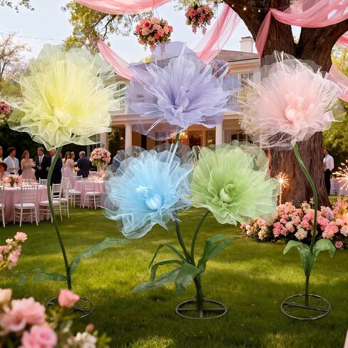 Leinuosen Multicolor 5 Pcs 8ft Giant Organza Flowers Decoration with Stand Flexible Flowers Stems for Spring Tea Bridal Shower Wedding Birthday Party Entrance Photography Booth Indoor Outdoor in Saudi Arabia
