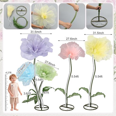 Leinuosen Multicolor 5 Pcs 8ft Giant Organza Flowers Decoration with Stand Flexible Flowers Stems for Spring Tea Bridal Shower Wedding Birthday Party Entrance Photography Booth Indoor Outdoor in Saudi Arabia