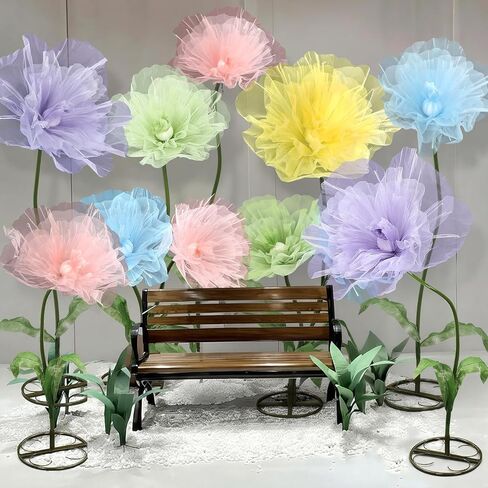 Leinuosen Multicolor 5 Pcs 8ft Giant Organza Flowers Decoration with Stand Flexible Flowers Stems for Spring Tea Bridal Shower Wedding Birthday Party Entrance Photography Booth Indoor Outdoor in Saudi Arabia