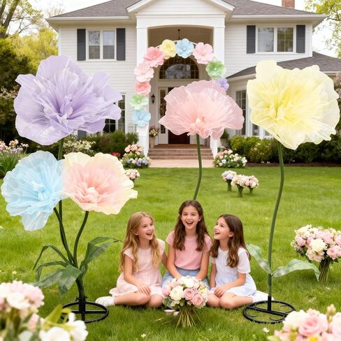 Leinuosen Multicolor 5 Pcs 8ft Giant Organza Flowers Decoration with Stand Flexible Flowers Stems for Spring Tea Bridal Shower Wedding Birthday Party Entrance Photography Booth Indoor Outdoor in Saudi Arabia
