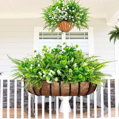 14 حزمة 5 أنماط من النباتات المزيفة المقاومة للأشعة فوق البنفسجية والنباتات الخارجية الاصطناعية بوسطن السرخس الخزامى والزهور البلاستيكية والشجيرات الخضراء للشرفة الأمامية الخارجية والشرفة والفناء والحديقة ديكور المنزل in Kuwait