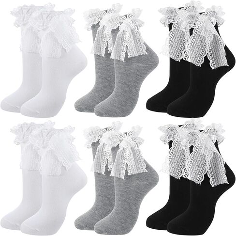6 Pairs Womens Crew Socks Lace Cute Princess Ankle Socks with Bow for Girl in Saudi Arabia