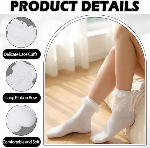 6 Pairs Womens Crew Socks Lace Cute Princess Ankle Socks with Bow for Girl in Saudi Arabia