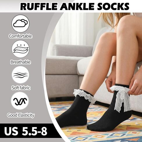 6 Pairs Womens Crew Socks Lace Cute Princess Ankle Socks with Bow for Girl in Saudi Arabia