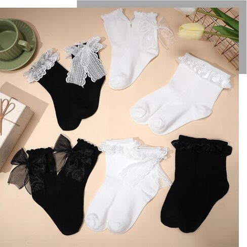 6 Pairs Womens Crew Socks Lace Cute Princess Ankle Socks with Bow for Girl in Saudi Arabia